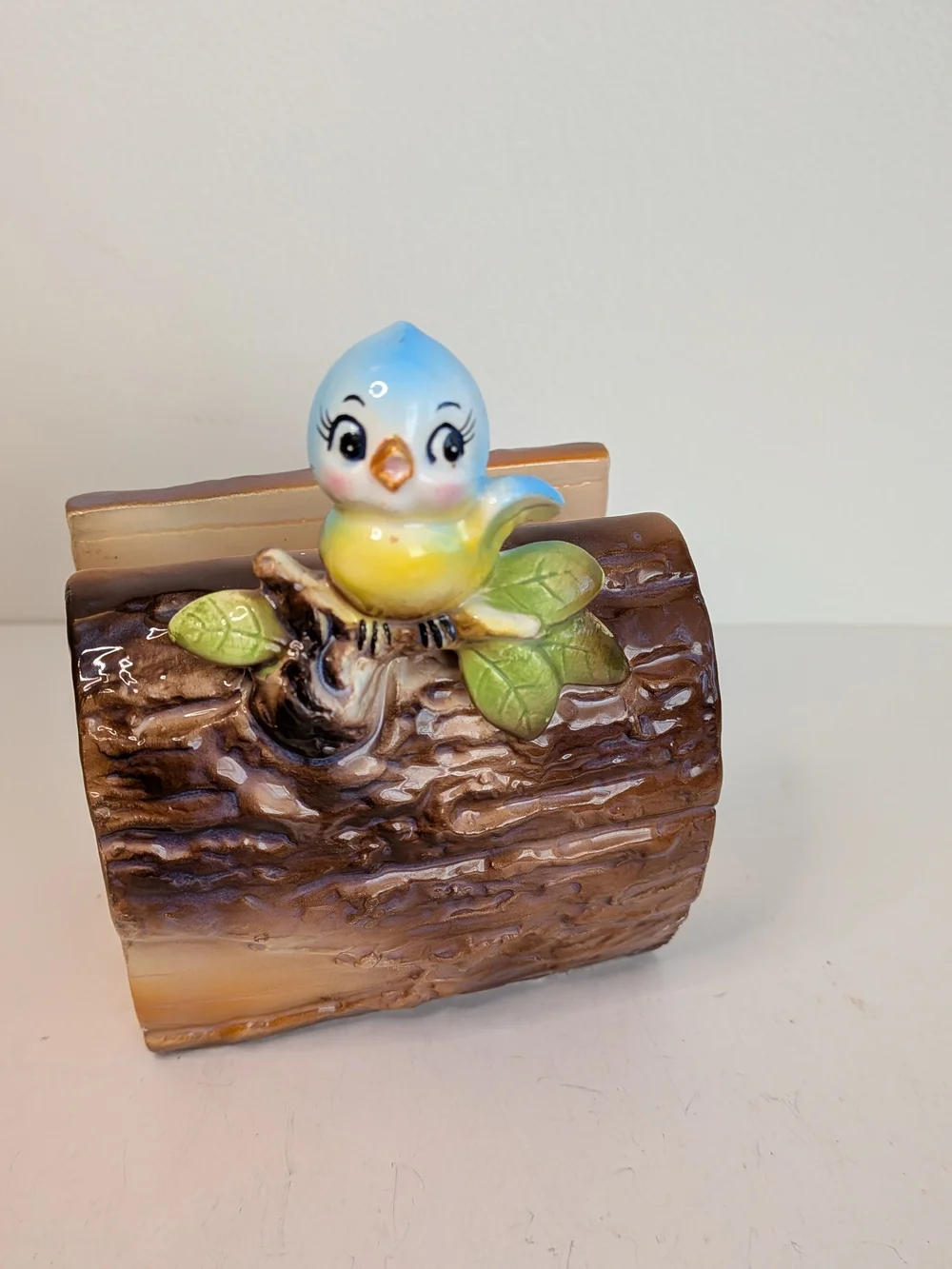Vtg Norcrest Anthropomorphic Baby Blue Bird on Log Napkin Holder Stand Kitschy